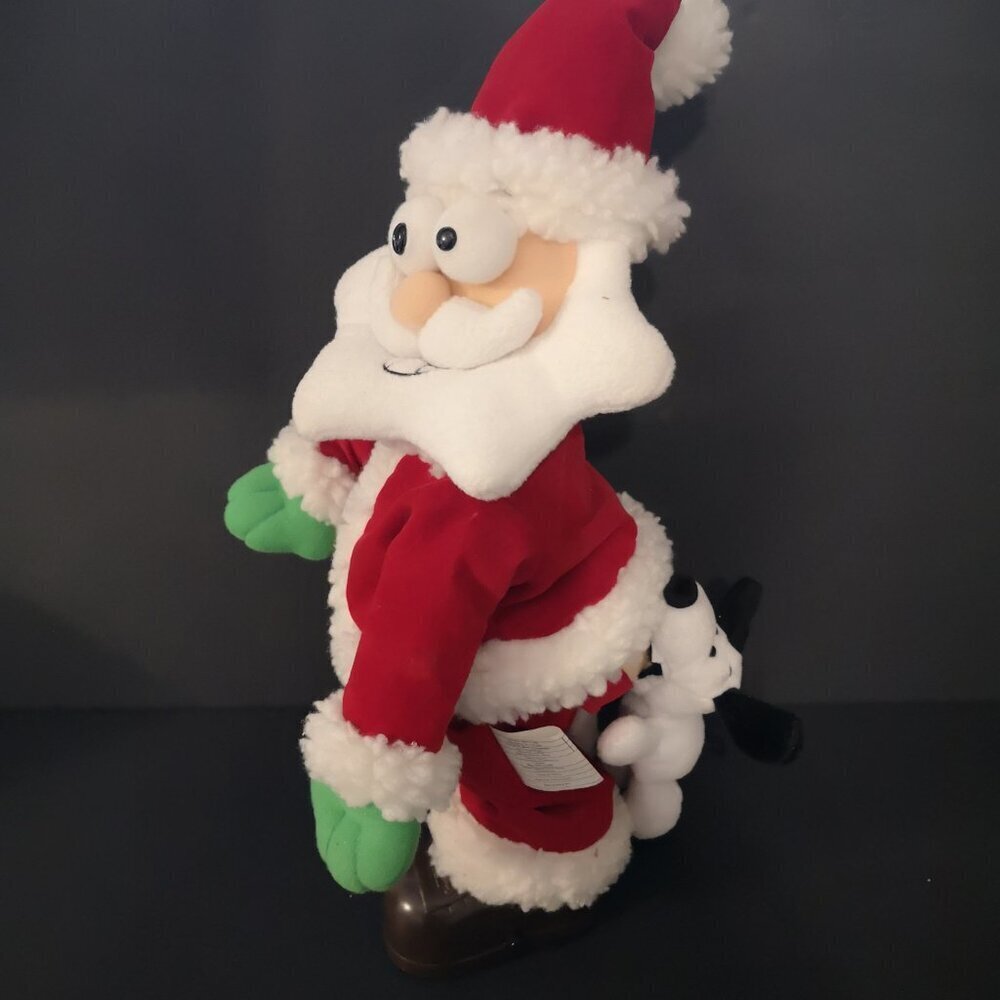 Animated Dancing Holiday Santa with Dog Biting Rear End Red & White Hat & Suit